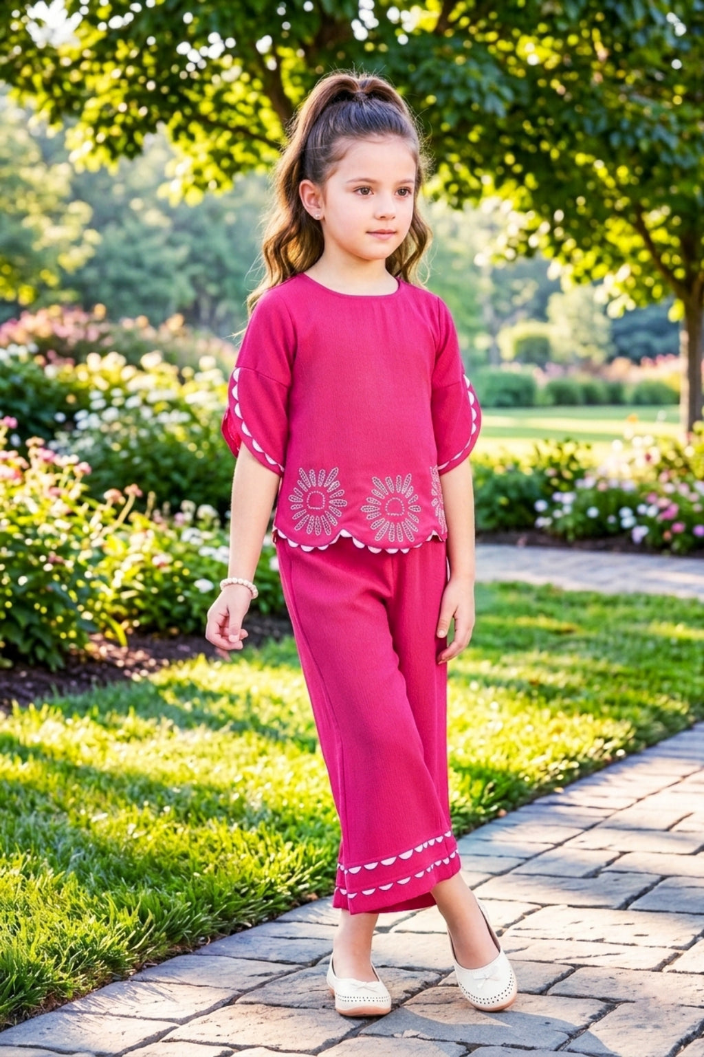 Girls Pink Co-ord Set with Petal Sleeve Top and Wide-Leg Pants