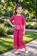 Girls Pink Co-ord Set with Petal Sleeve Top and Wide-Leg Pants