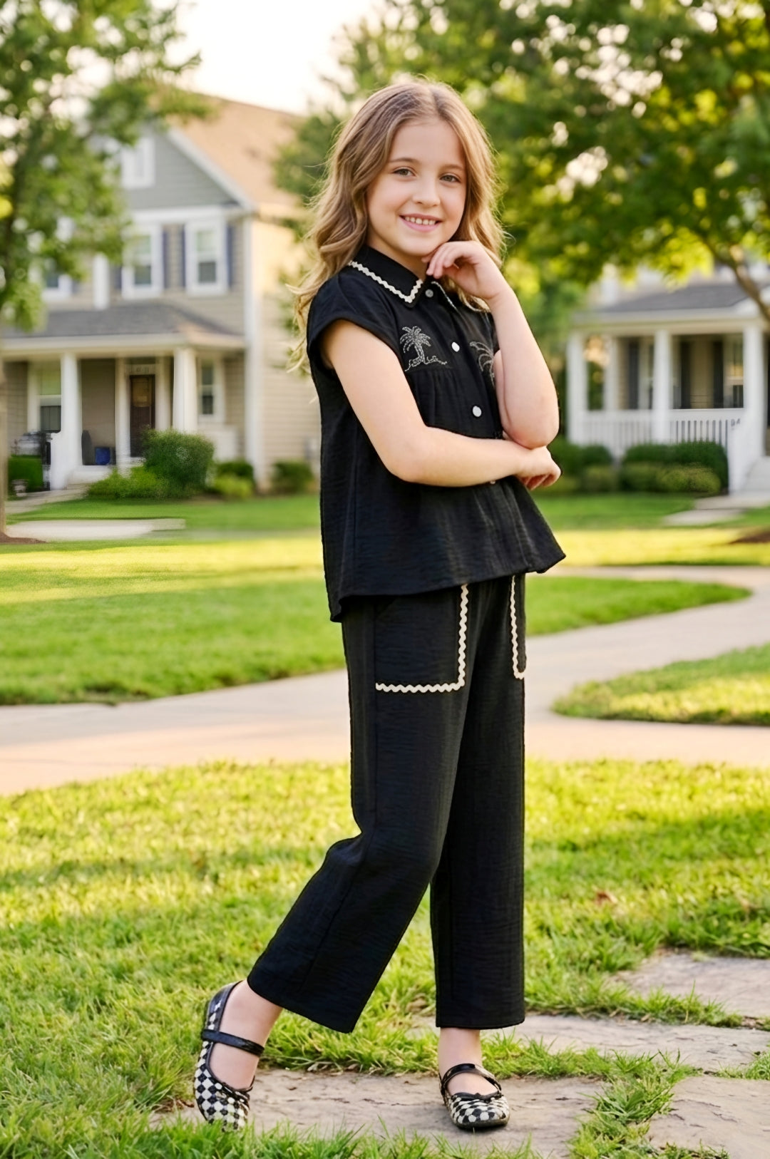 Black Chic Tropical Theme Girls Co-Ord Set