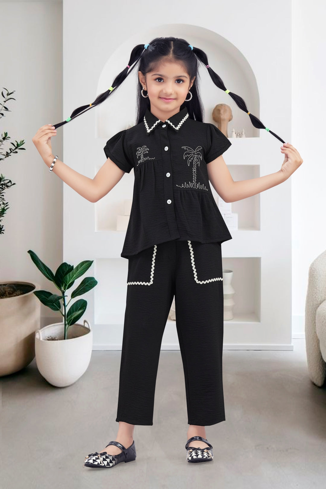 Black Chic Tropical Theme Girls Co-Ord Set