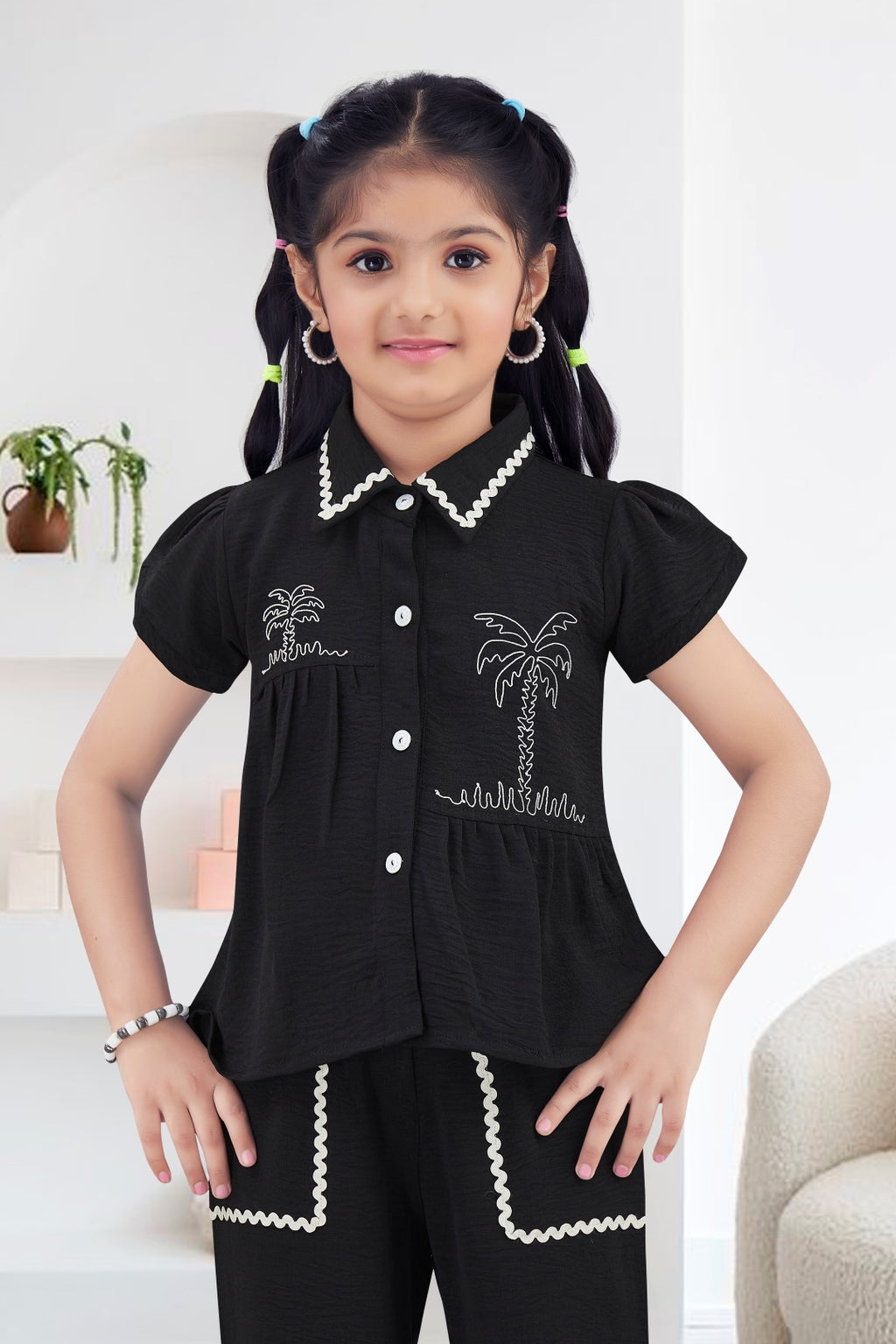 Black Chic Tropical Theme Girls Co-Ord Set