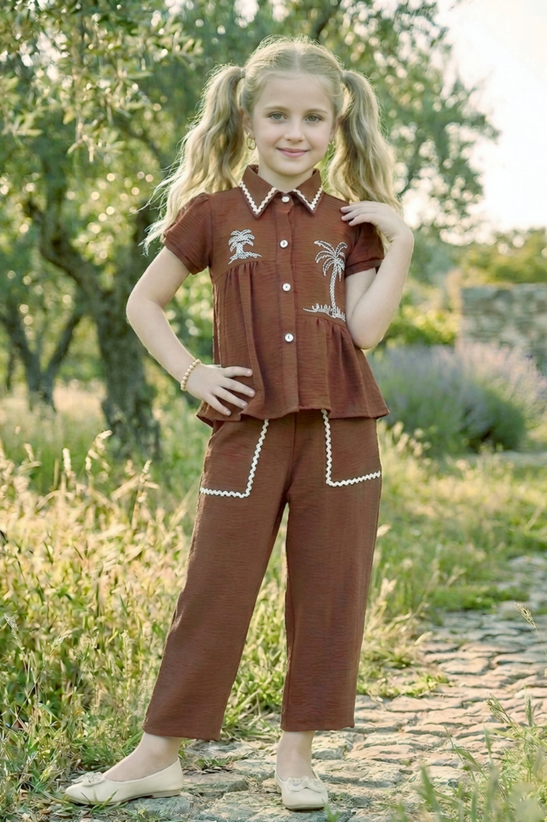 Brown Chic Tropical Theme Girls Co-Ord Set