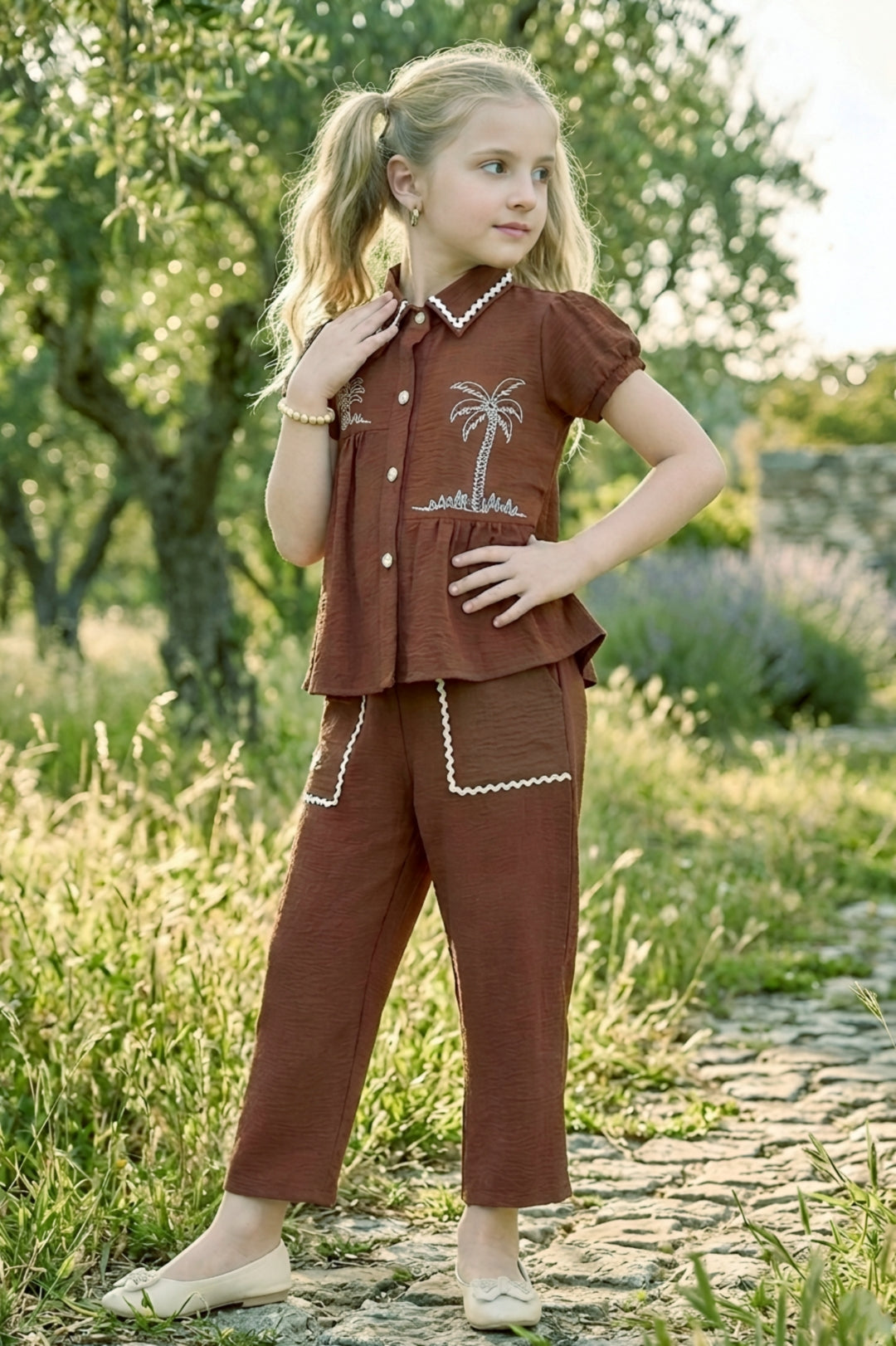 Brown Chic Tropical Theme Girls Co-Ord Set