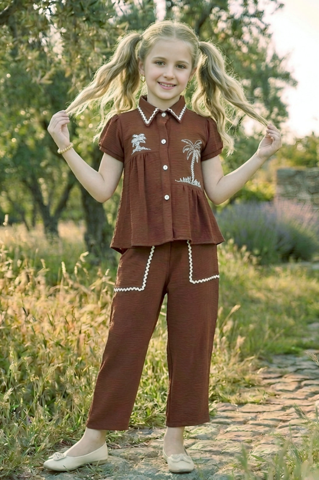 Brown Chic Tropical Theme Girls Co-Ord Set