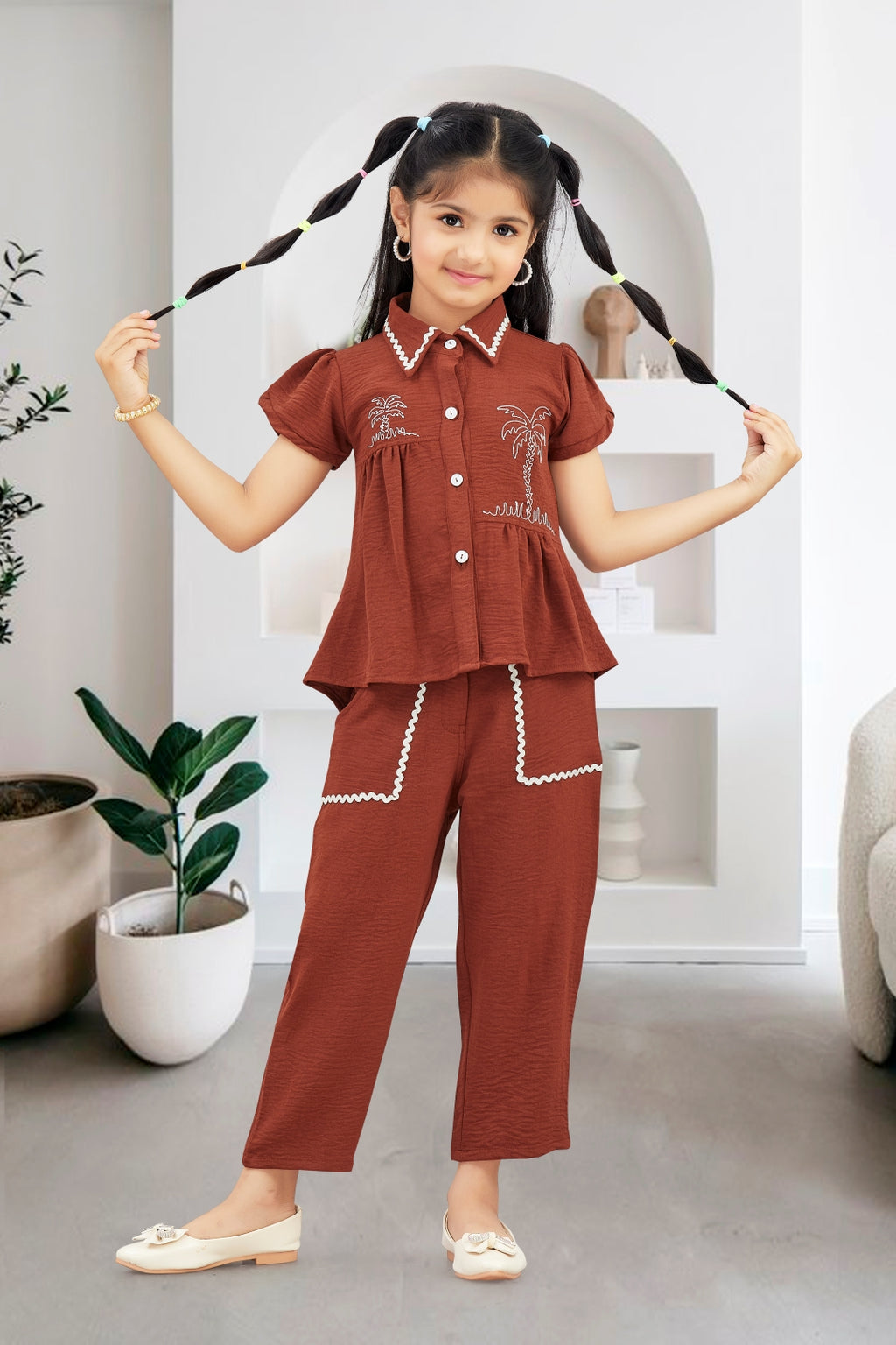 Brown Chic Tropical Theme Girls Co-Ord Set