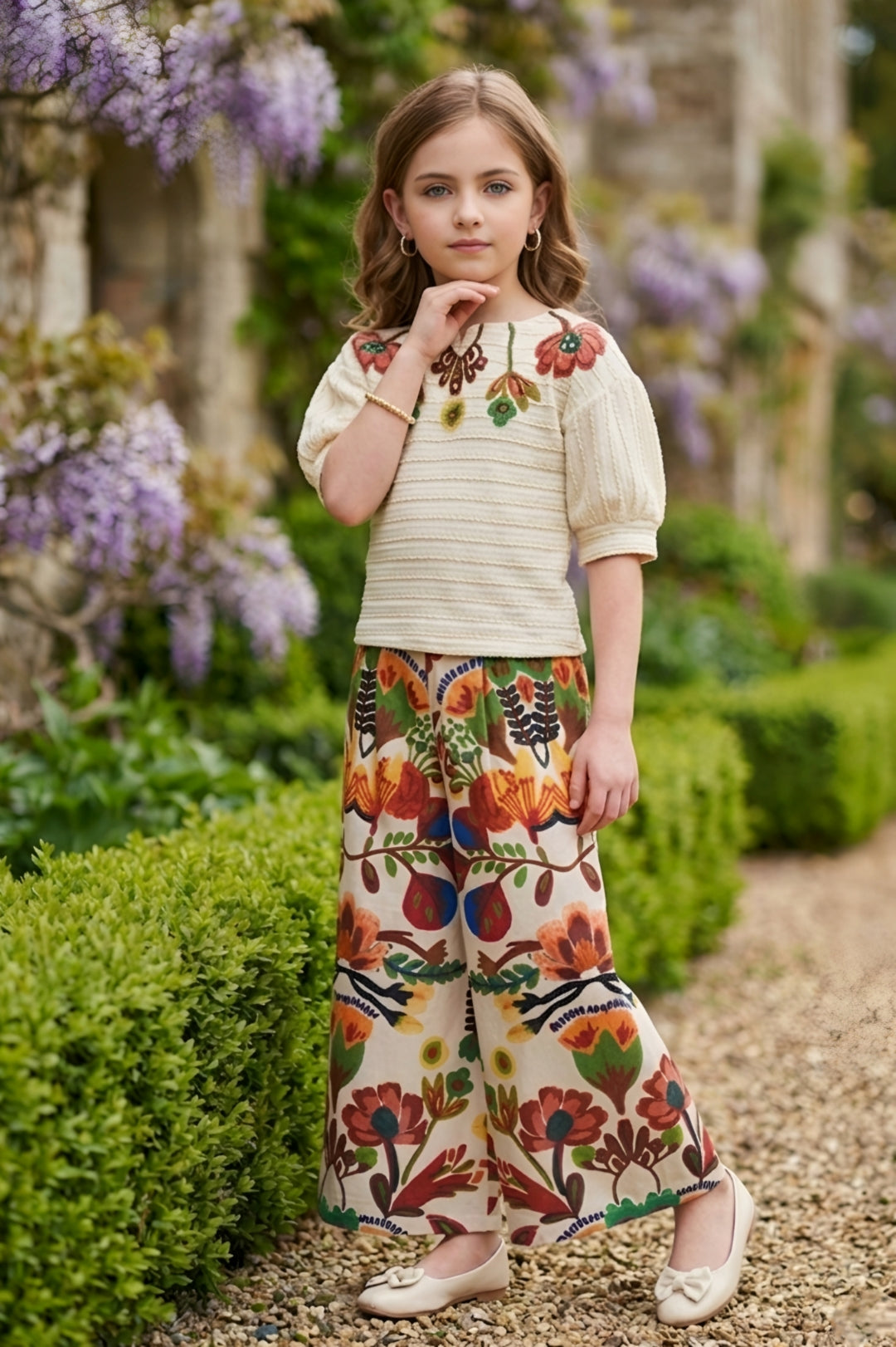 Girls Cream Textured Top with Floral Embroidery and Brown Floral Printed Palazzos