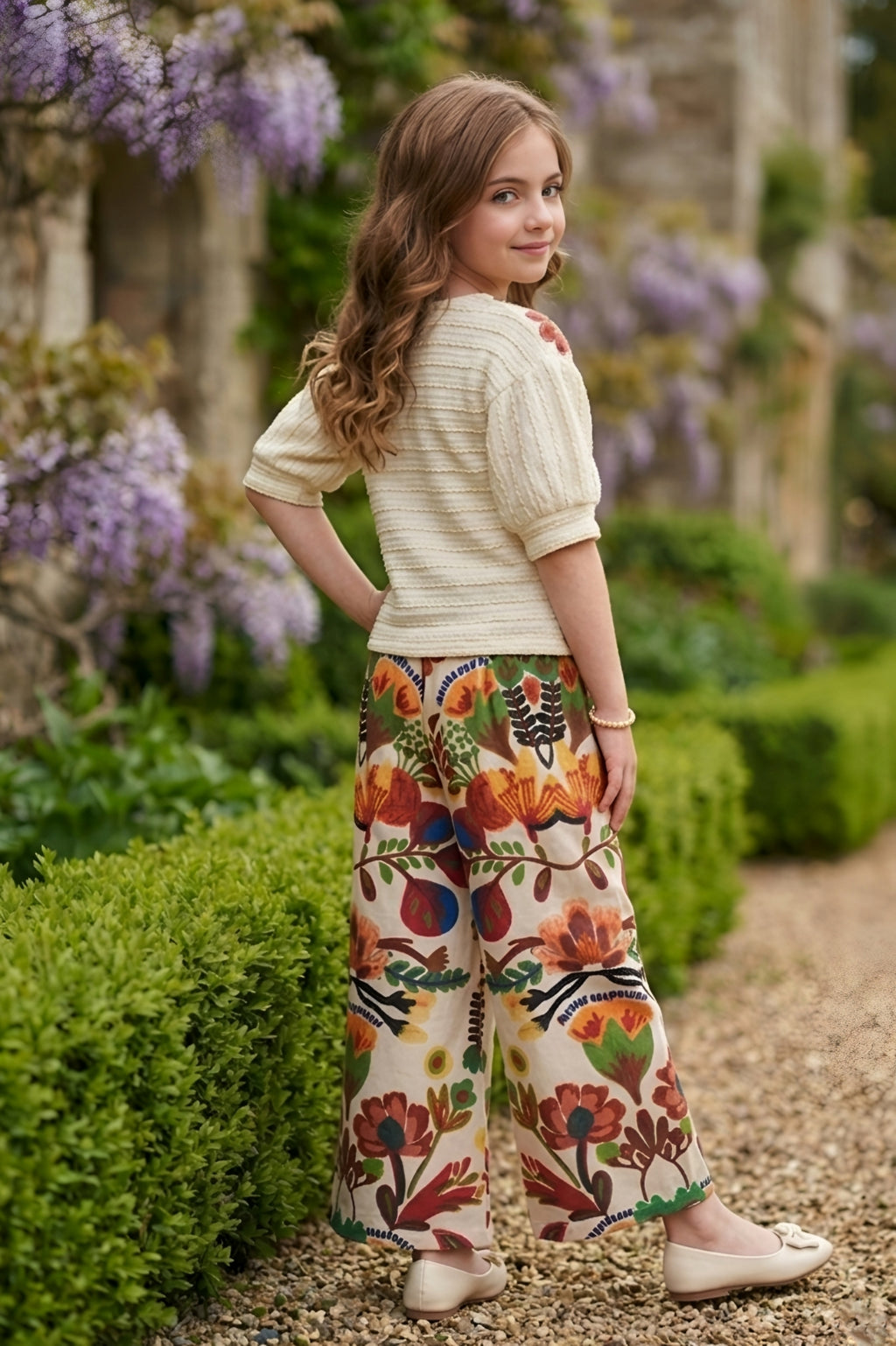 Girls Cream Textured Top with Floral Embroidery and Brown Floral Printed Palazzos