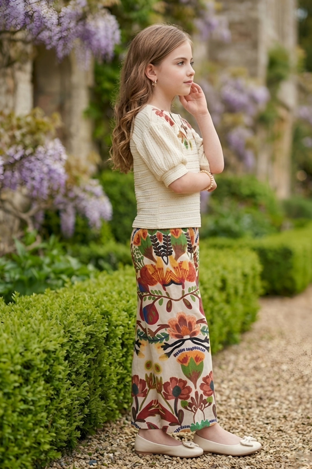 Girls Cream Textured Top with Floral Embroidery and Brown Floral Printed Palazzos