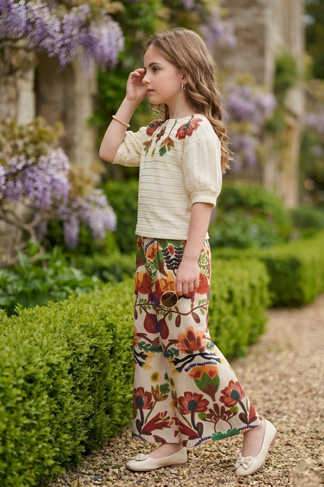 Girls Cream Textured Top with Floral Embroidery and Brown Floral Printed Palazzos