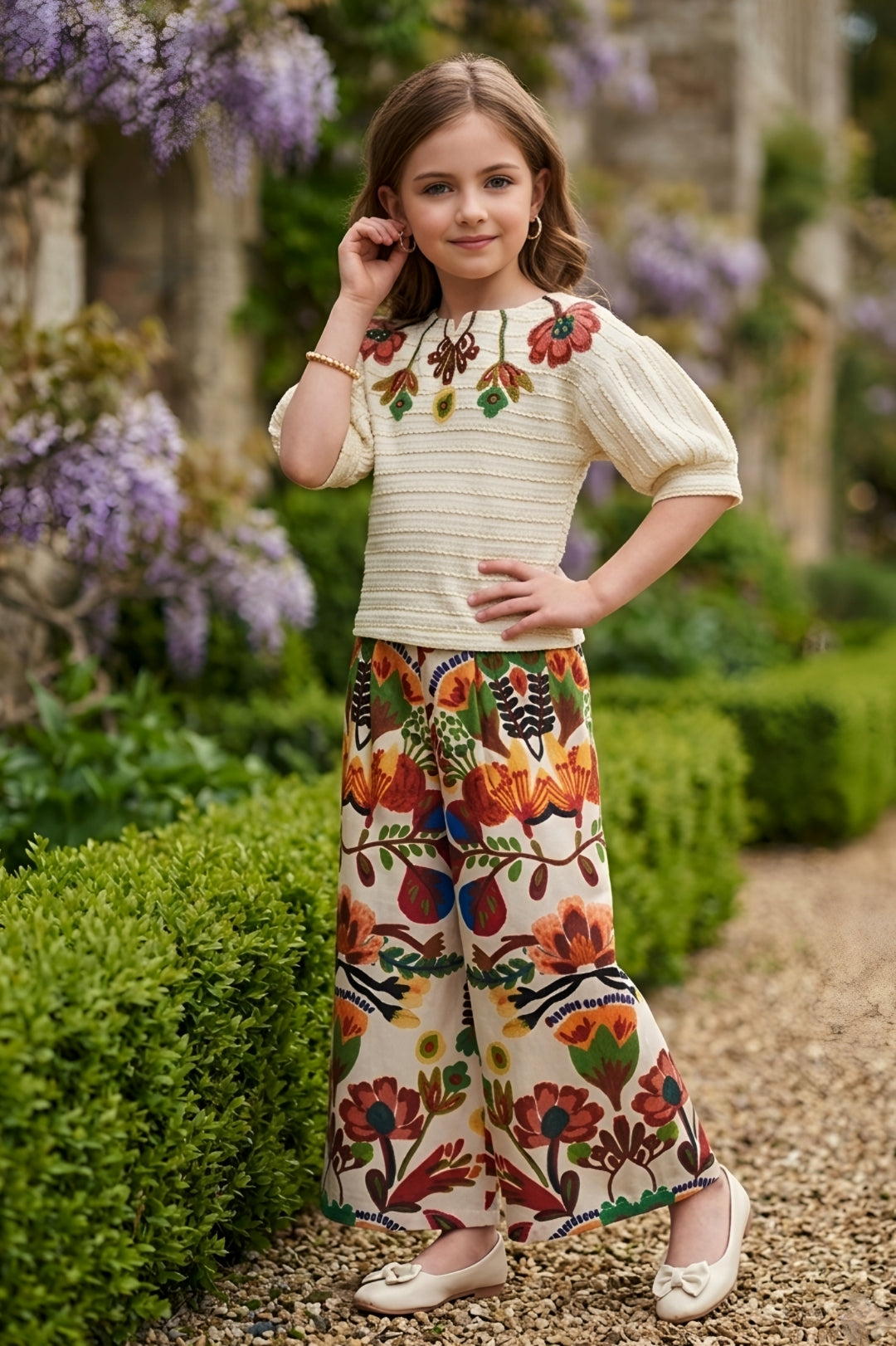 Girls Cream Textured Top with Floral Embroidery and Brown Floral Printed Palazzos