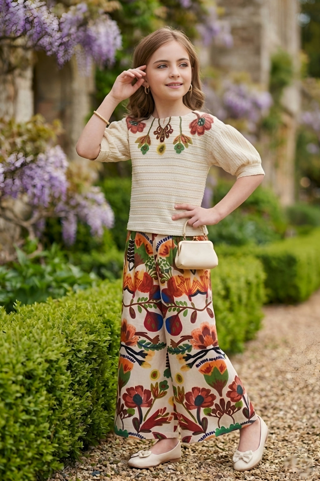 Girls Cream Textured Top with Floral Embroidery and Brown Floral Printed Palazzos