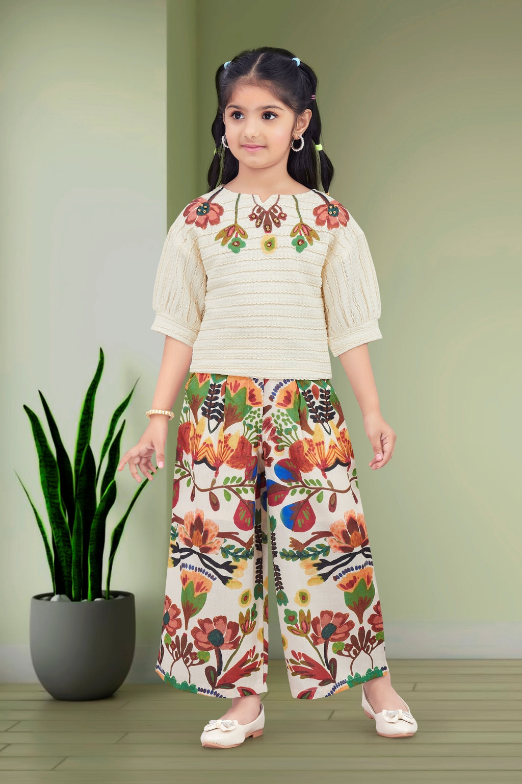 Girls Cream Textured Top with Floral Embroidery and Brown Floral Printed Palazzos