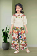Girls Cream Textured Top with Floral Embroidery and Brown Floral Printed Palazzos