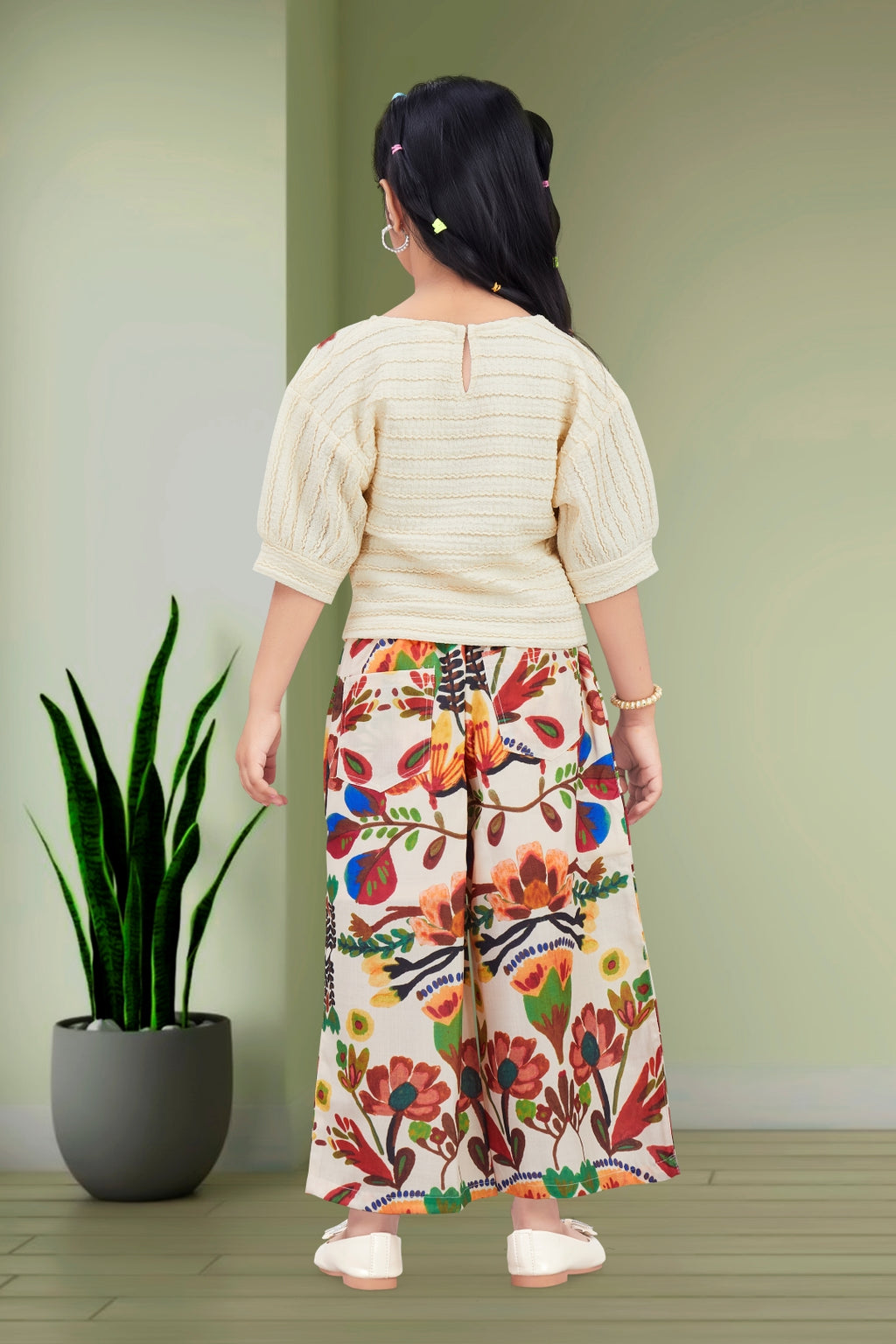 Girls Cream Textured Top with Floral Embroidery and Brown Floral Printed Palazzos