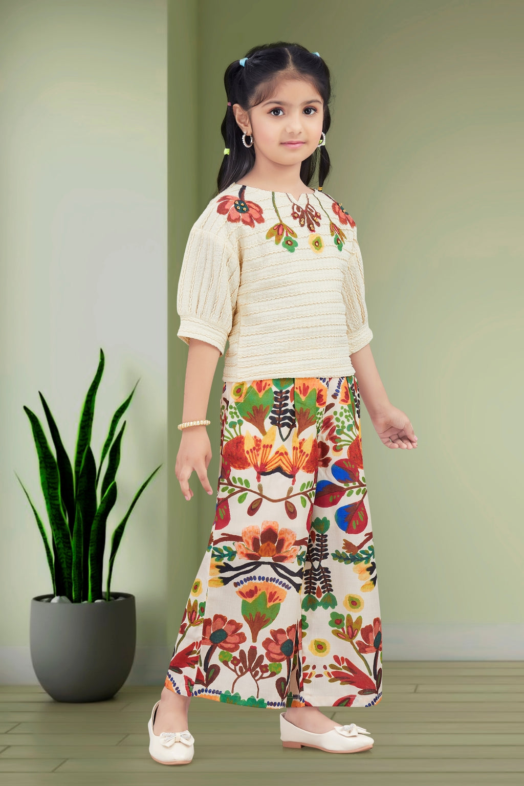 Girls Cream Textured Top with Floral Embroidery and Brown Floral Printed Palazzos