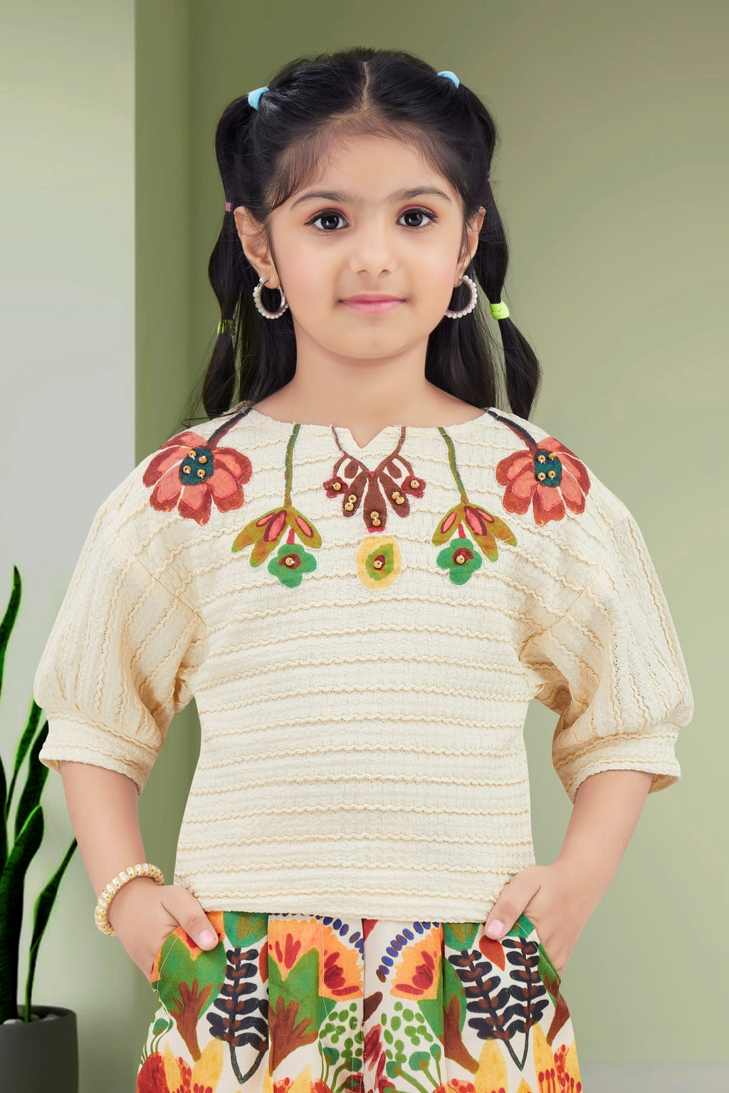 Girls Cream Textured Top with Floral Embroidery and Brown Floral Printed Palazzos