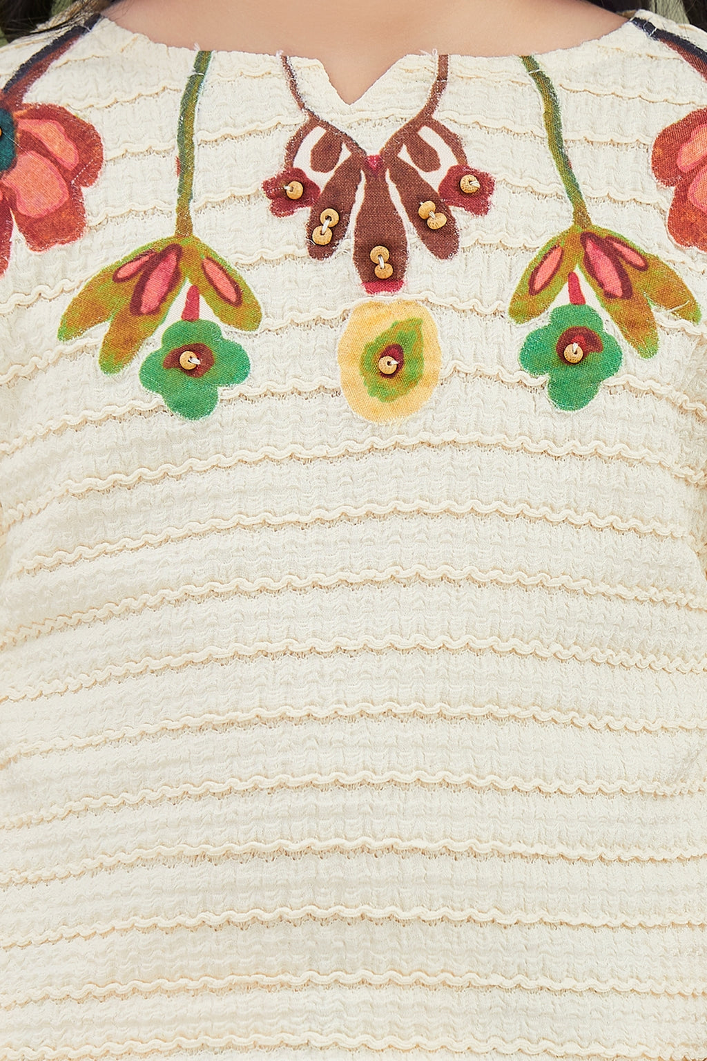 Girls Cream Textured Top with Floral Embroidery and Brown Floral Printed Palazzos