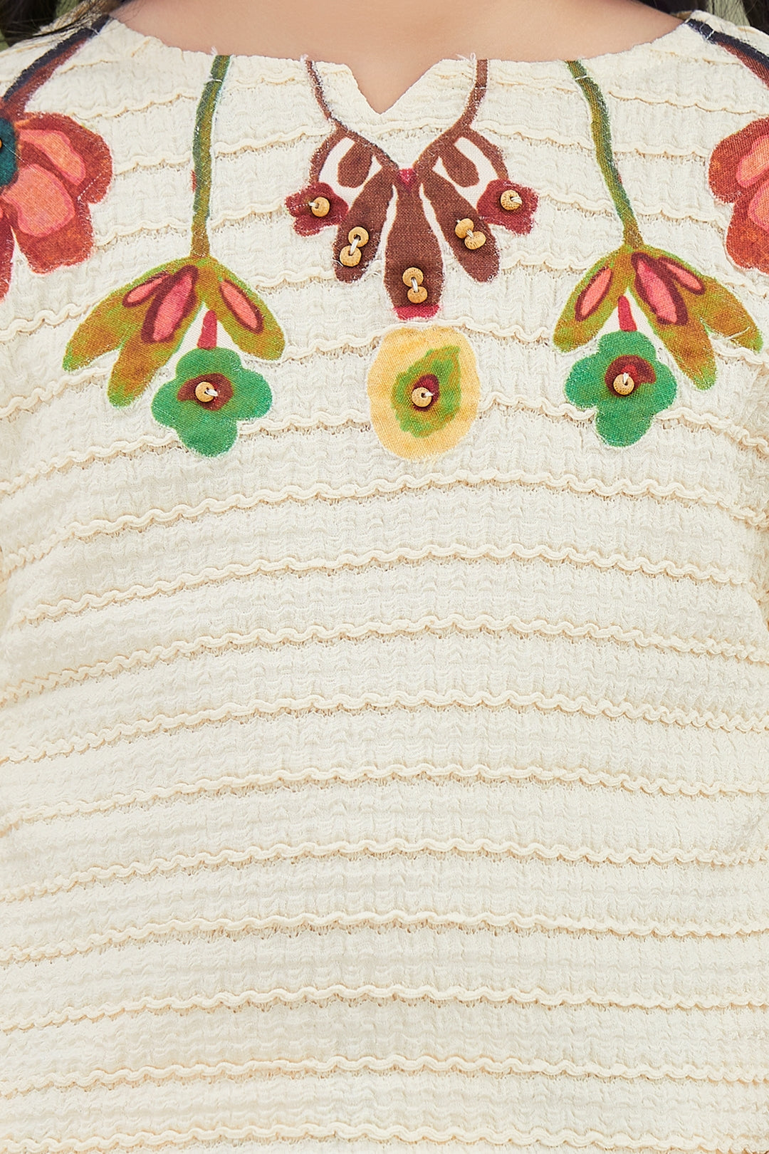 Girls Cream Textured Top with Floral Embroidery and Brown Floral Printed Palazzos