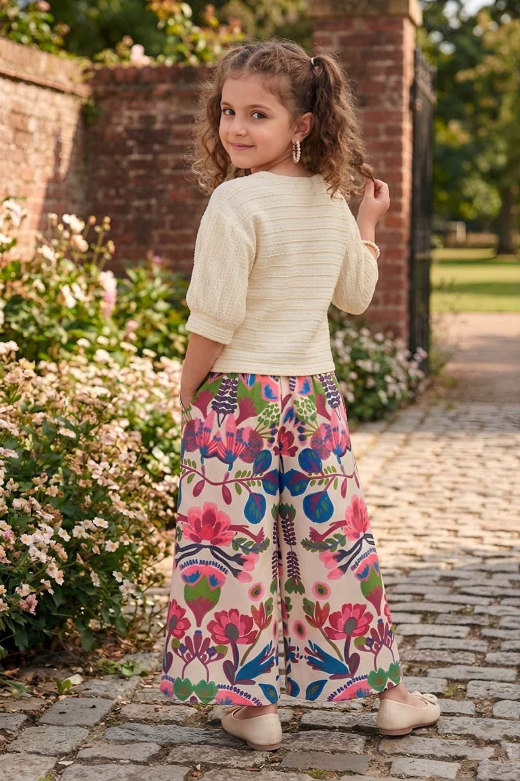 Girls Cream Textured Top with Floral Embroidery and Pink Floral Printed Palazzos