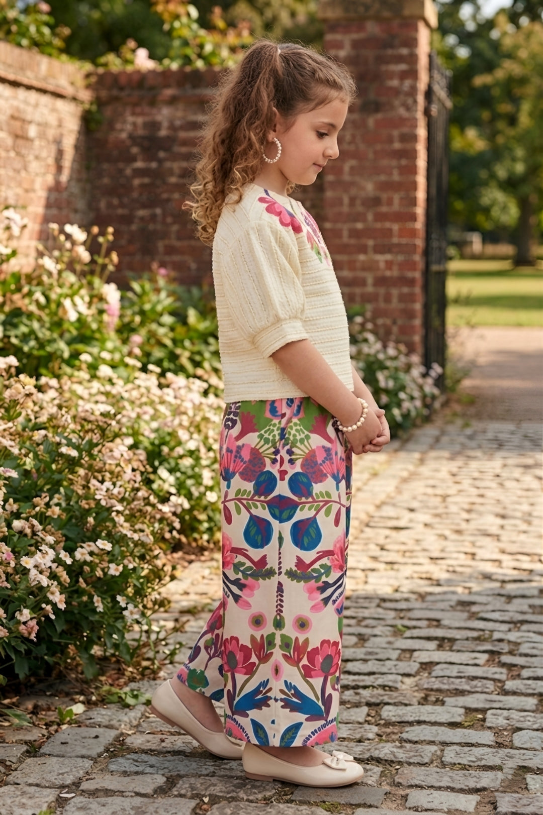 Girls Cream Textured Top with Floral Embroidery and Pink Floral Printed Palazzos