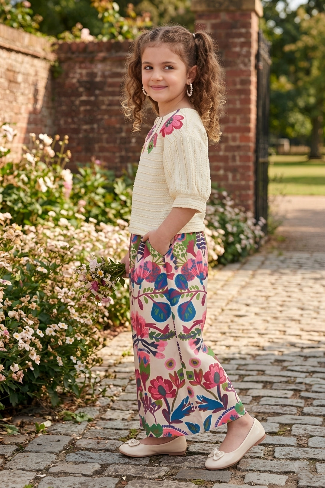 Girls Cream Textured Top with Floral Embroidery and Pink Floral Printed Palazzos
