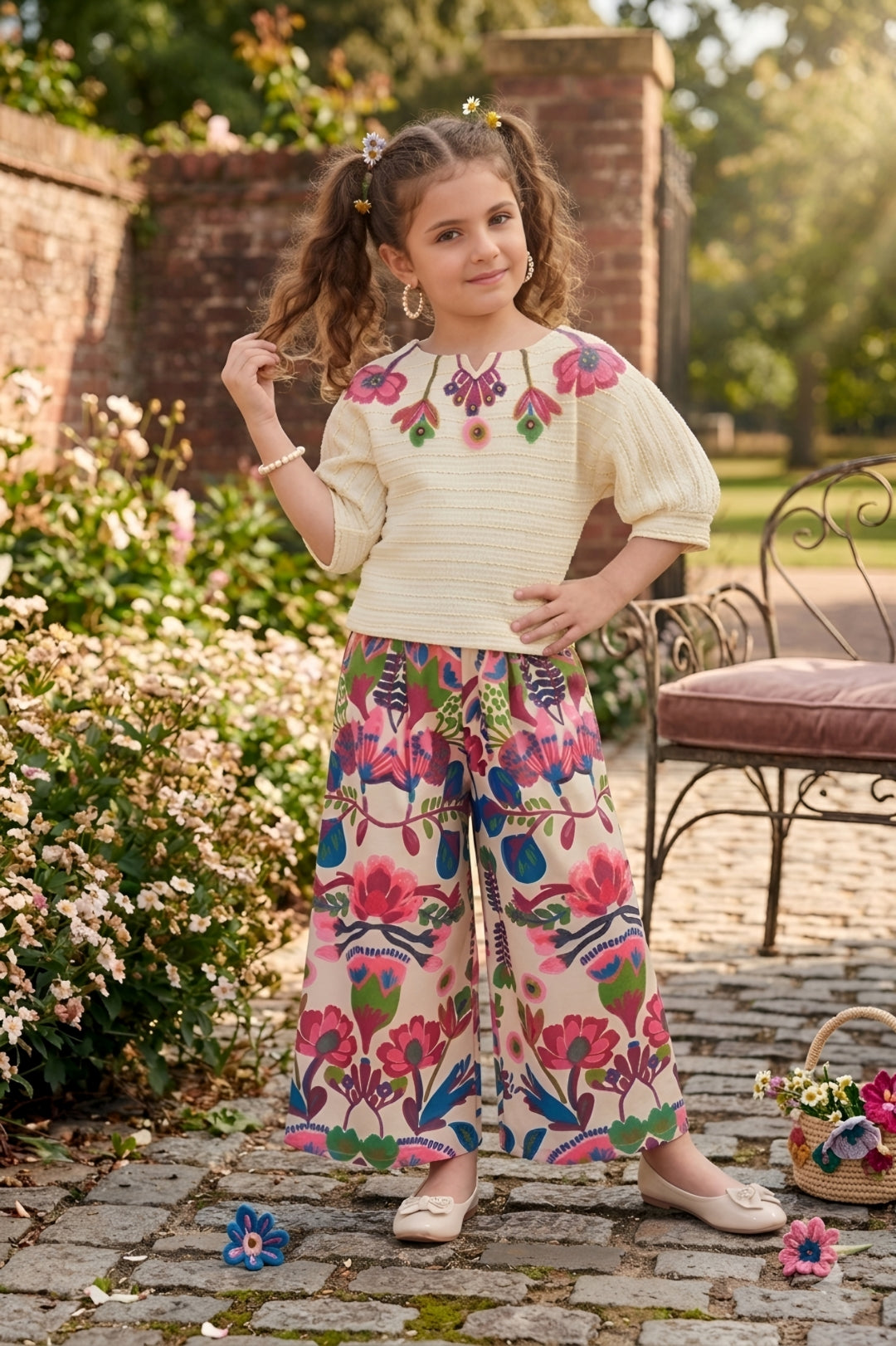 Girls Cream Textured Top with Floral Embroidery and Pink Floral Printed Palazzos