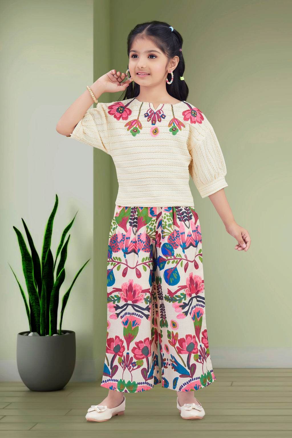 Girls Cream Textured Top with Floral Embroidery and Pink Floral Printed Palazzos