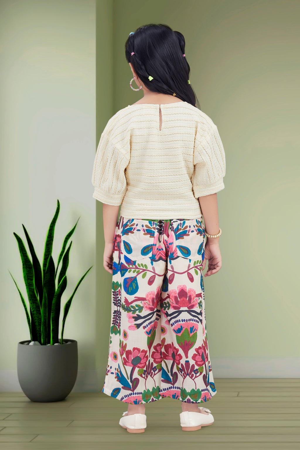 Girls Cream Textured Top with Floral Embroidery and Pink Floral Printed Palazzos