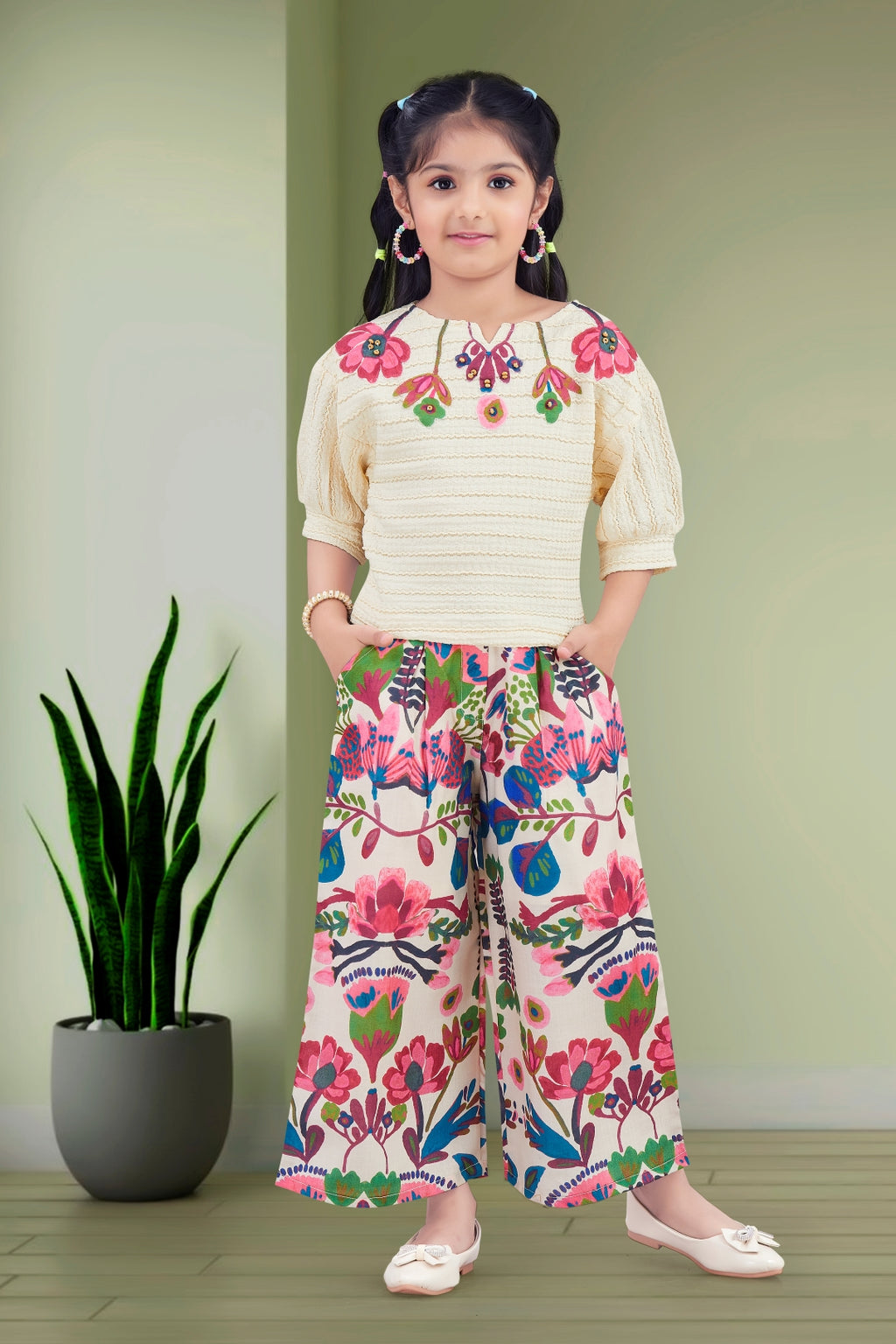 Girls Cream Textured Top with Floral Embroidery and Pink Floral Printed Palazzos