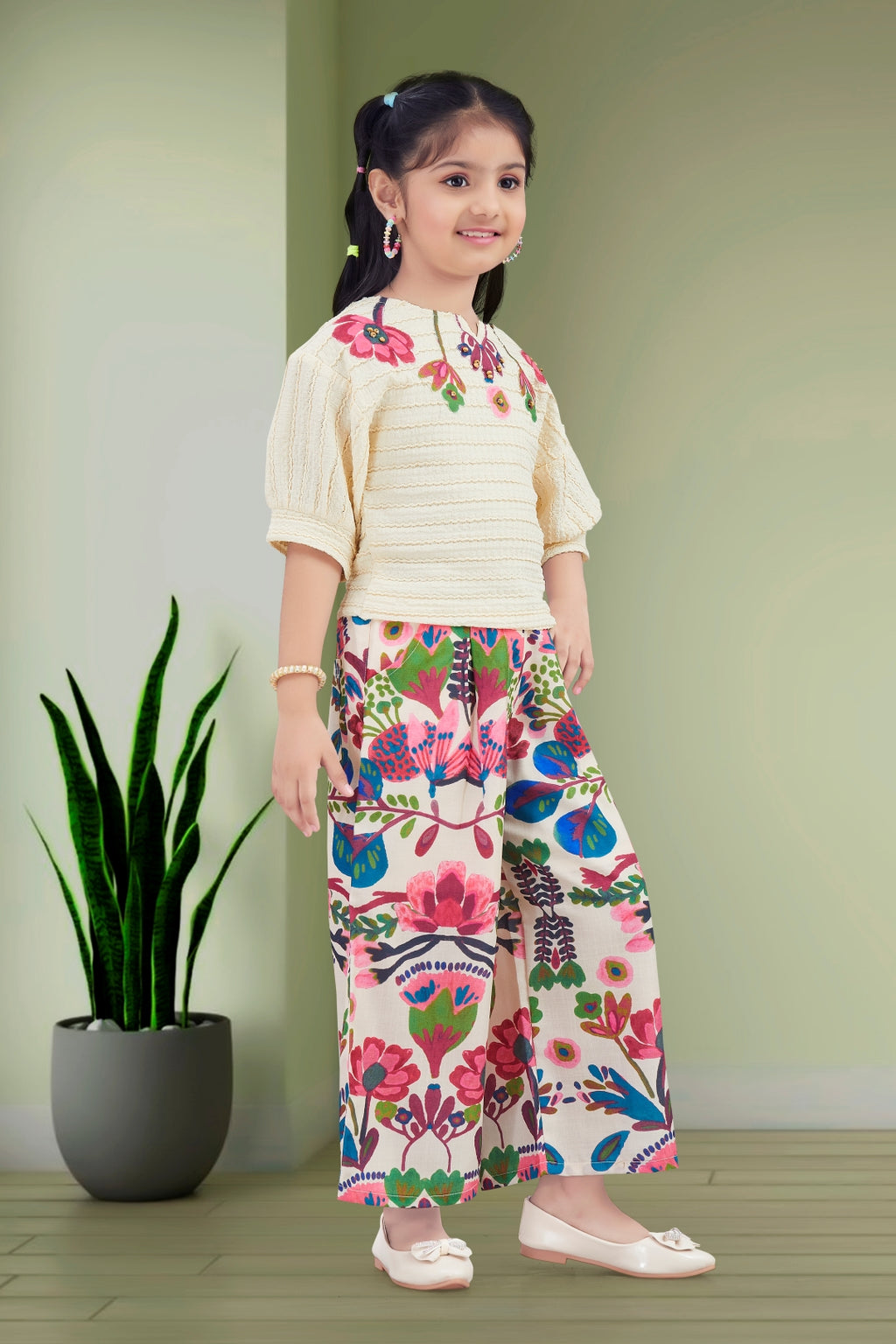 Girls Cream Textured Top with Floral Embroidery and Pink Floral Printed Palazzos