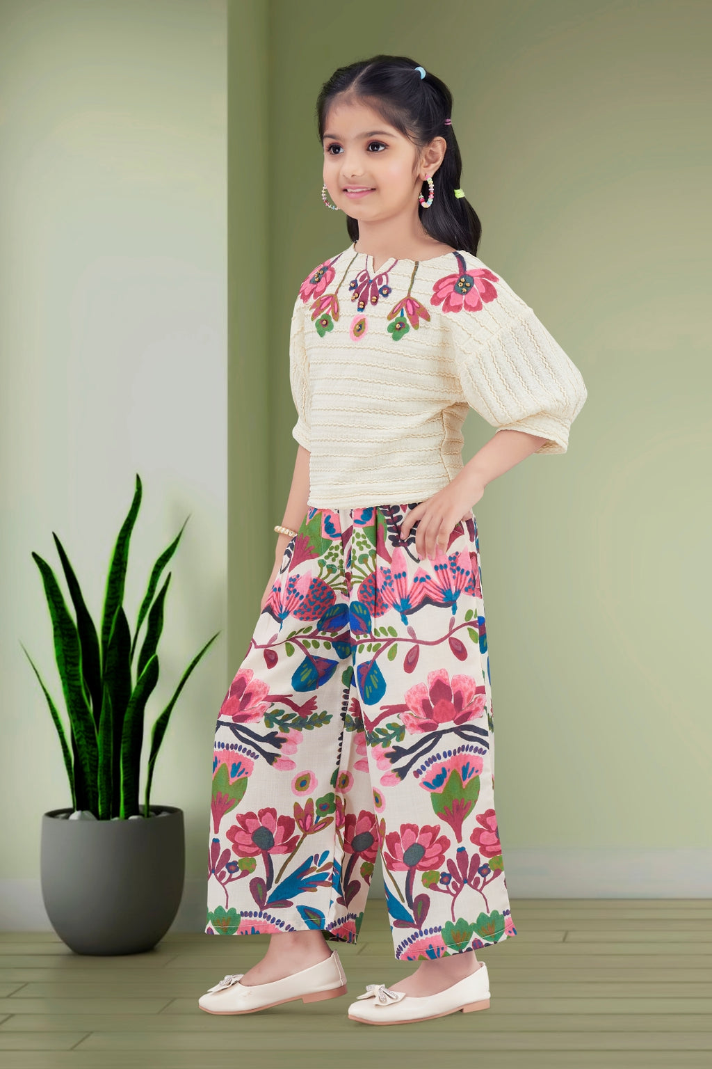 Girls Cream Textured Top with Floral Embroidery and Pink Floral Printed Palazzos