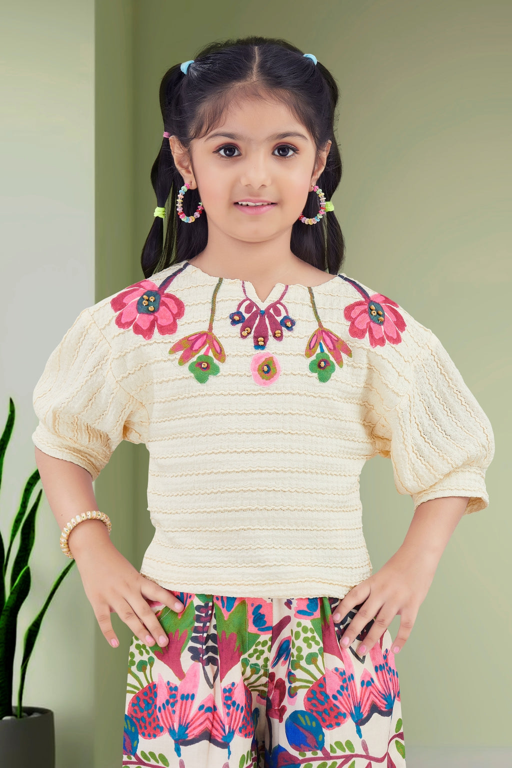 Girls Cream Textured Top with Floral Embroidery and Pink Floral Printed Palazzos