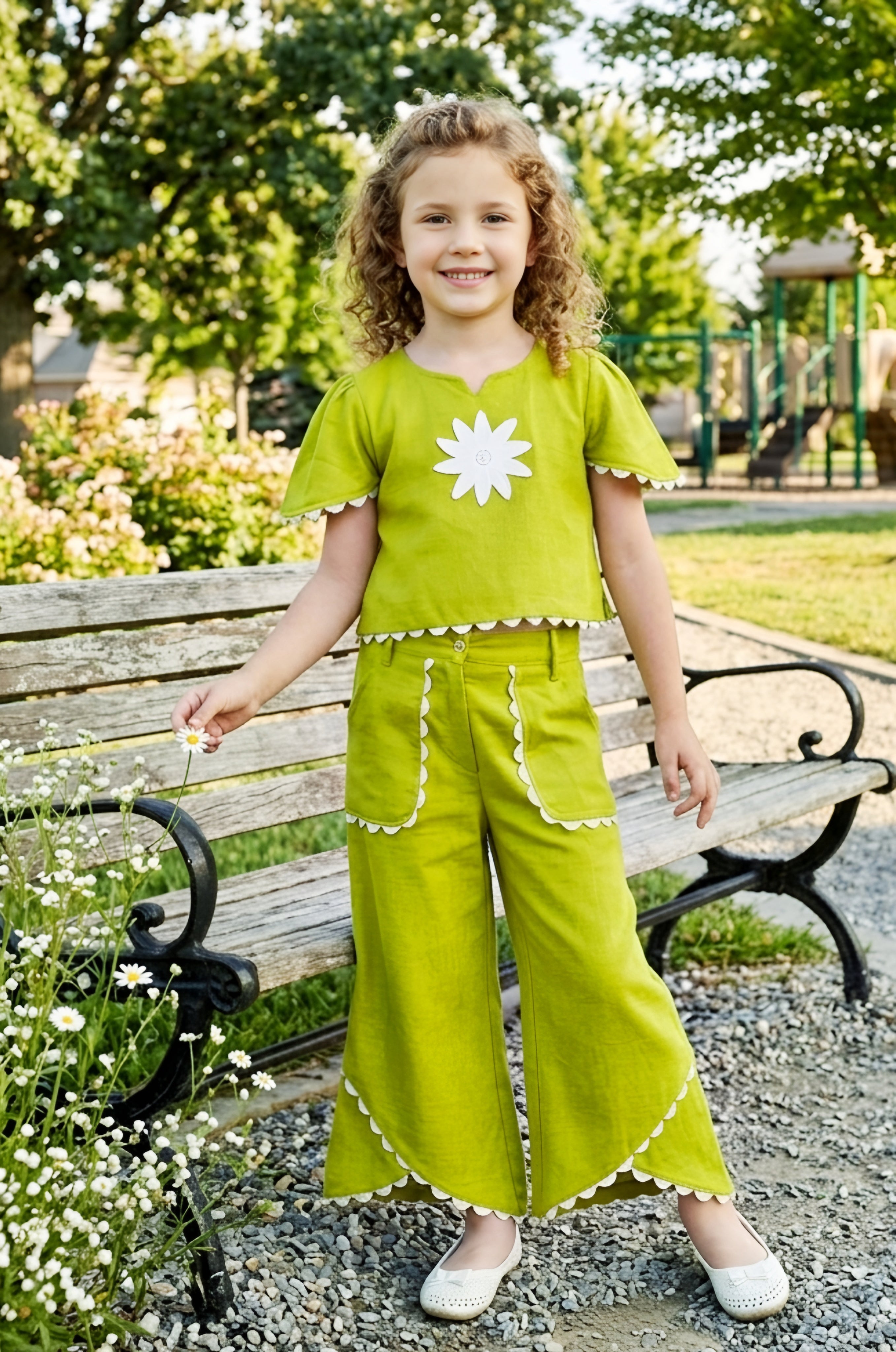 Girls Green 2-Piece Co-ord Set with White Daisy Embroidered Top and Palazzo
