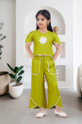 Girls Green 2-Piece Co-ord Set with White Daisy Embroidered Top and Palazzo