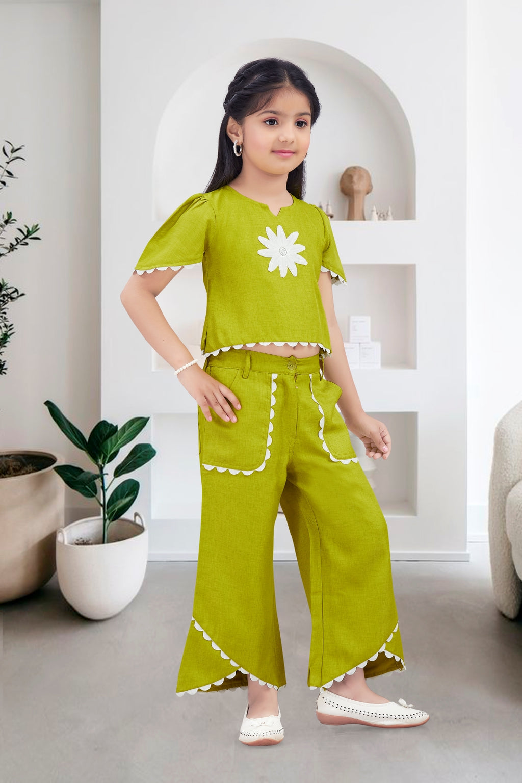 Girls Green 2-Piece Co-ord Set with White Daisy Embroidered Top and Palazzo