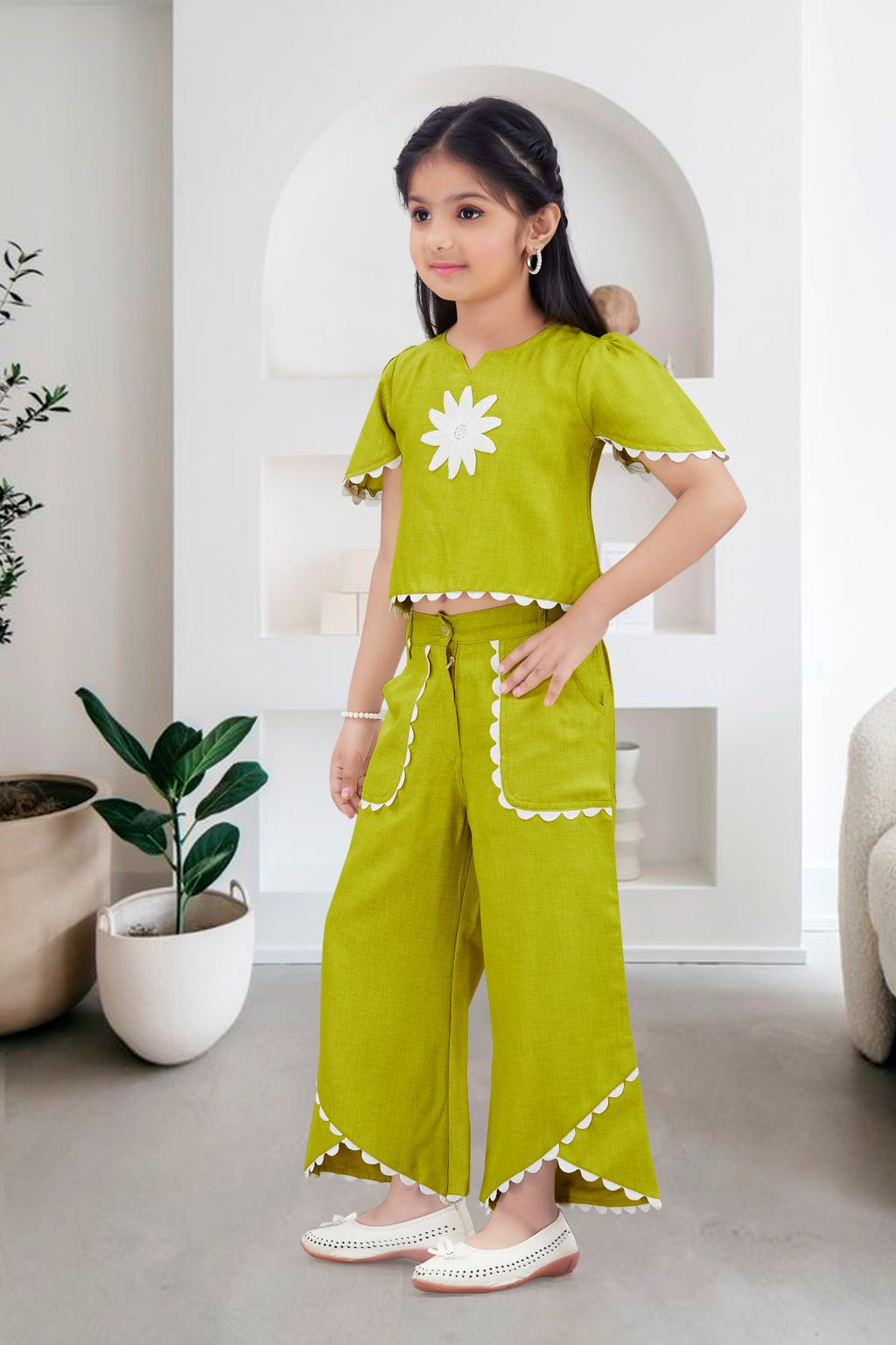 Girls Green 2-Piece Co-ord Set with White Daisy Embroidered Top and Palazzo