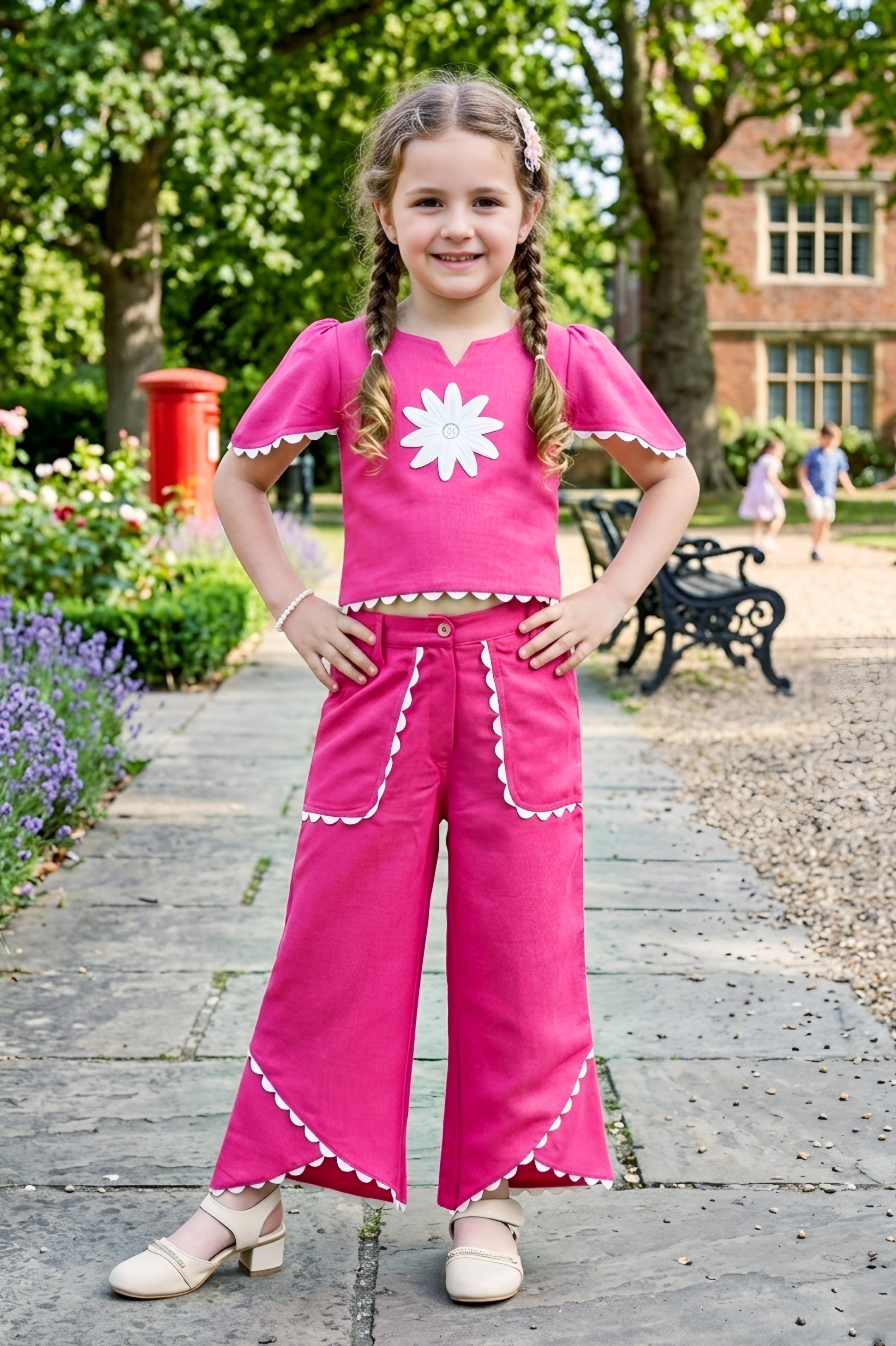Girls Pink 2-Piece Co-ord Set with White Daisy Embroidered Top and Palazzo