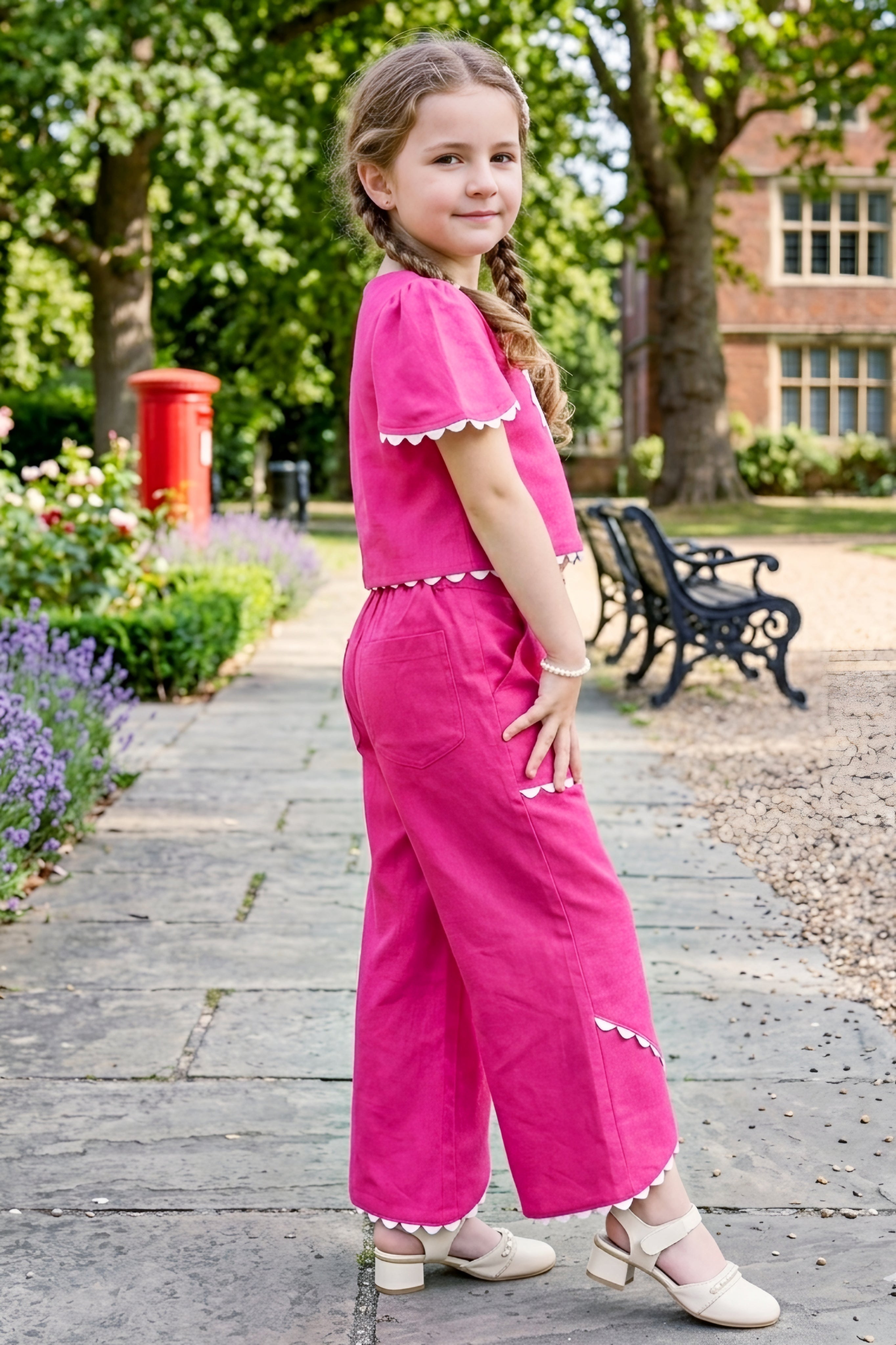 Girls Pink 2-Piece Co-ord Set with White Daisy Embroidered Top and Palazzo