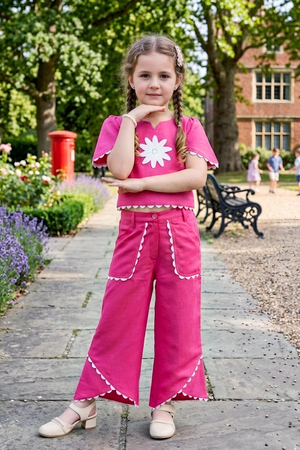 Girls Pink 2-Piece Co-ord Set with White Daisy Embroidered Top and Palazzo