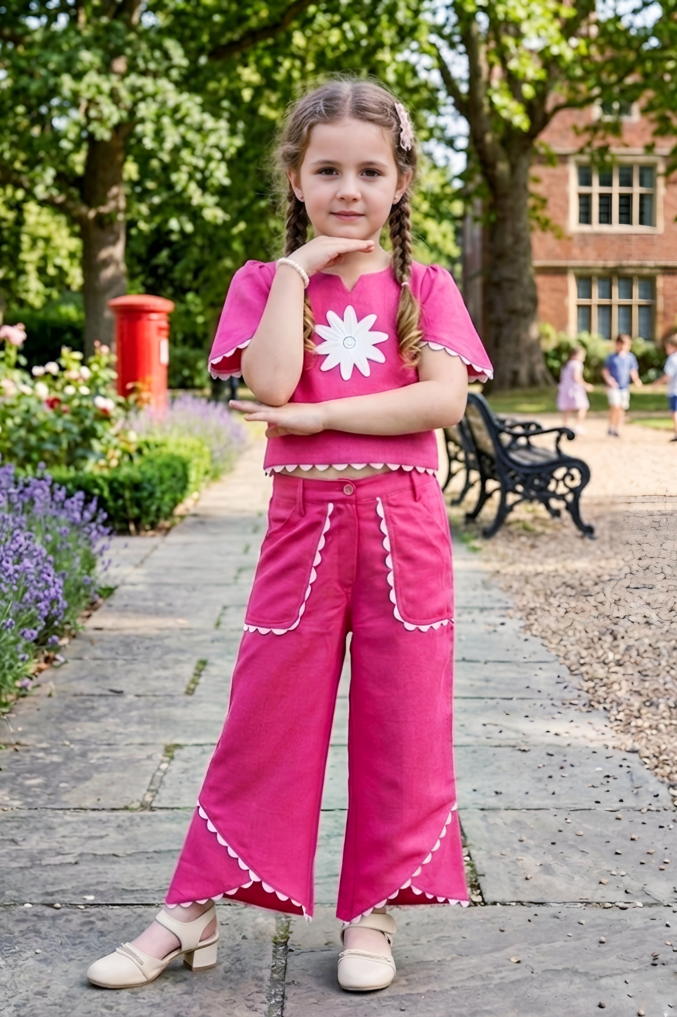 Girls Pink 2-Piece Co-ord Set with White Daisy Embroidered Top and Palazzo