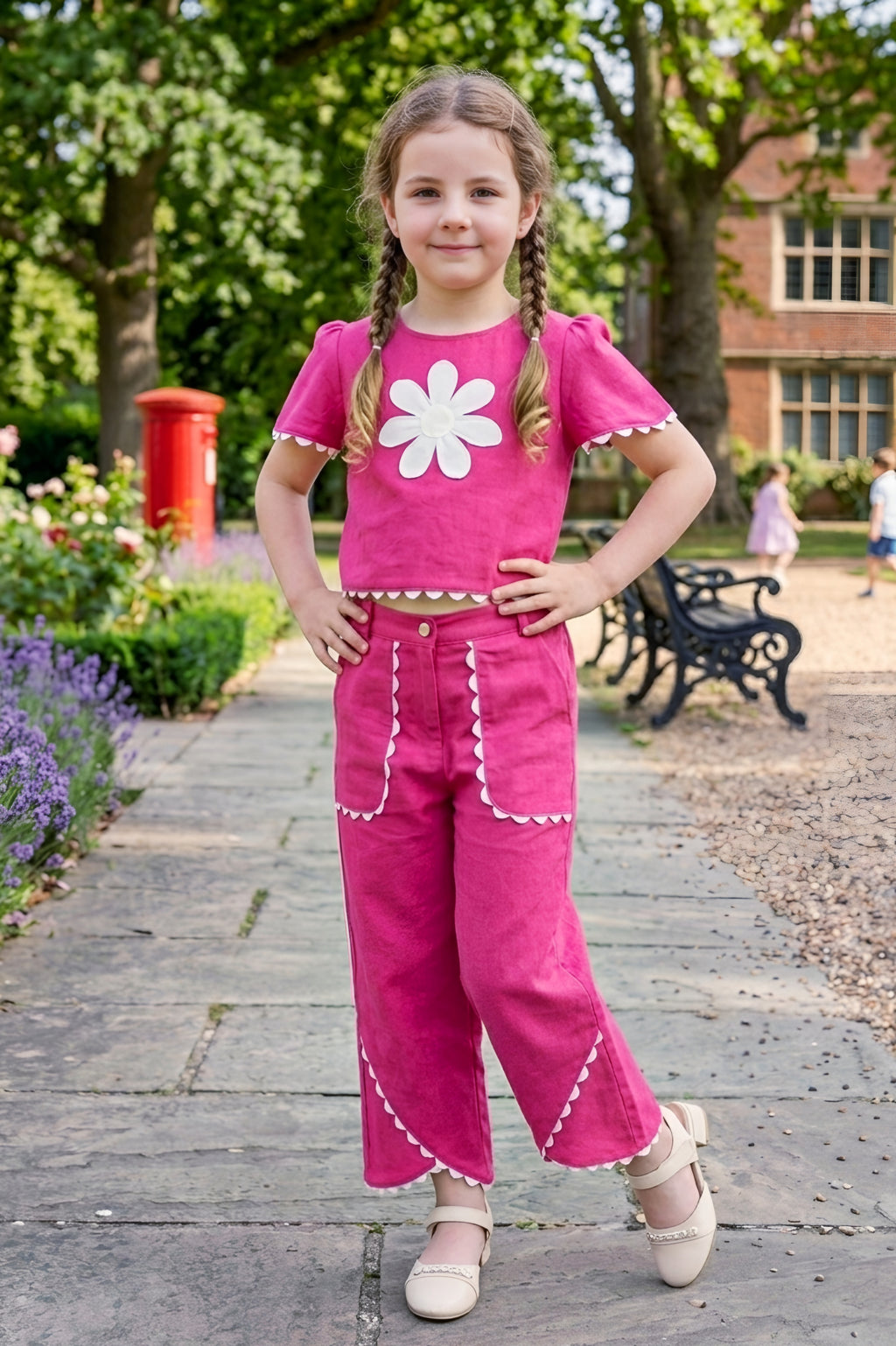 Girls Pink 2-Piece Co-ord Set with White Daisy Embroidered Top and Palazzo