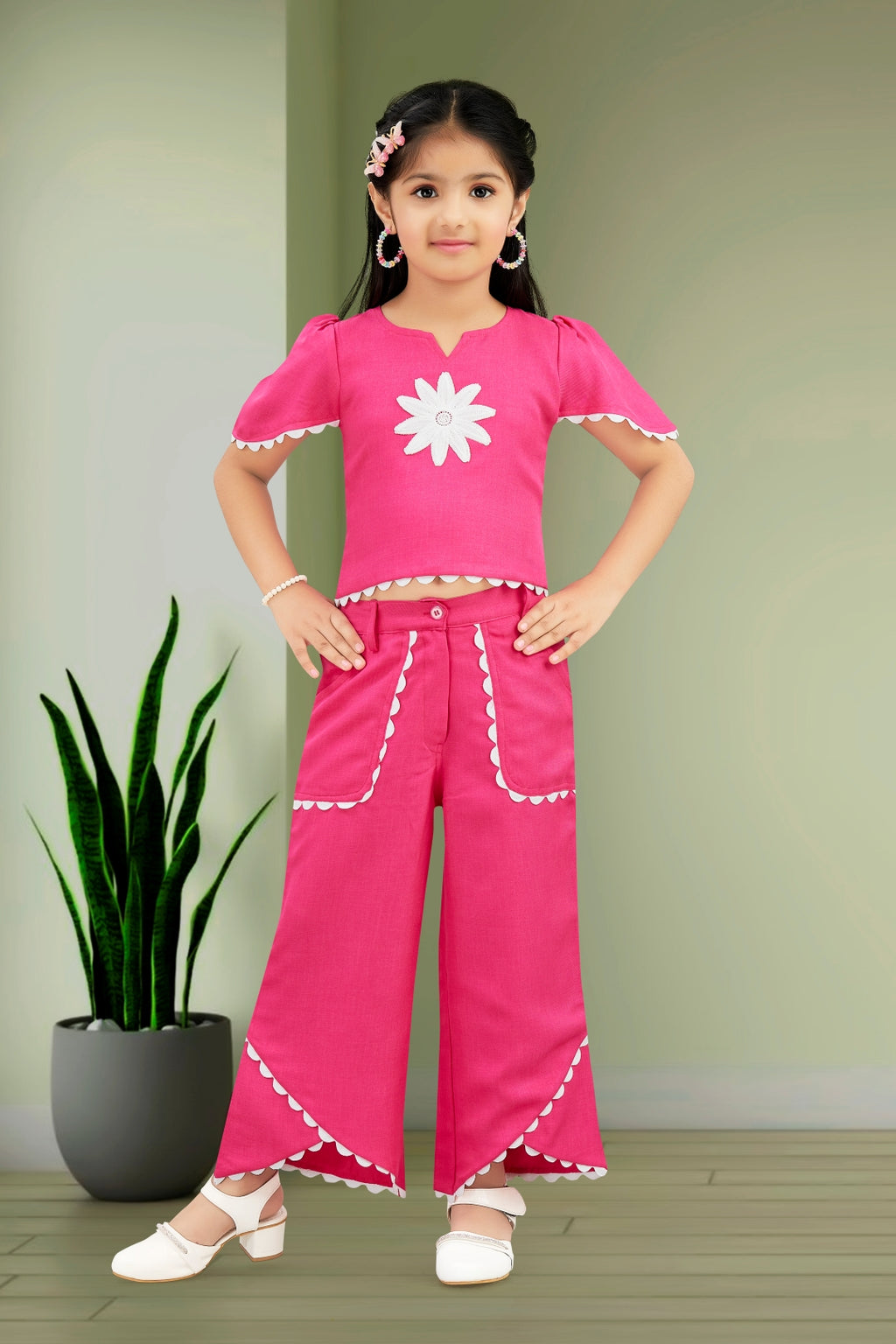 Girls Pink 2-Piece Co-ord Set with White Daisy Embroidered Top and Palazzo