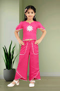 Girls Pink 2-Piece Co-ord Set with White Daisy Embroidered Top and Palazzo