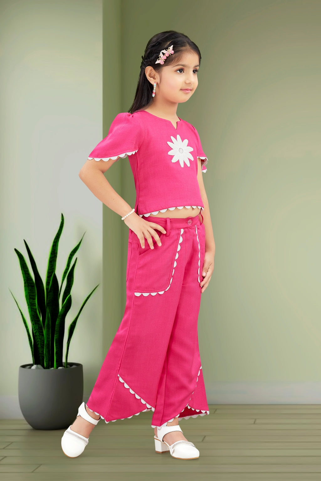 Girls Pink 2-Piece Co-ord Set with White Daisy Embroidered Top and Palazzo