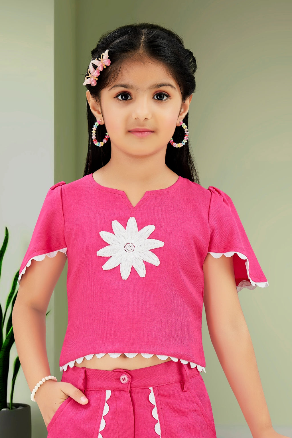 Girls Pink 2-Piece Co-ord Set with White Daisy Embroidered Top and Palazzo