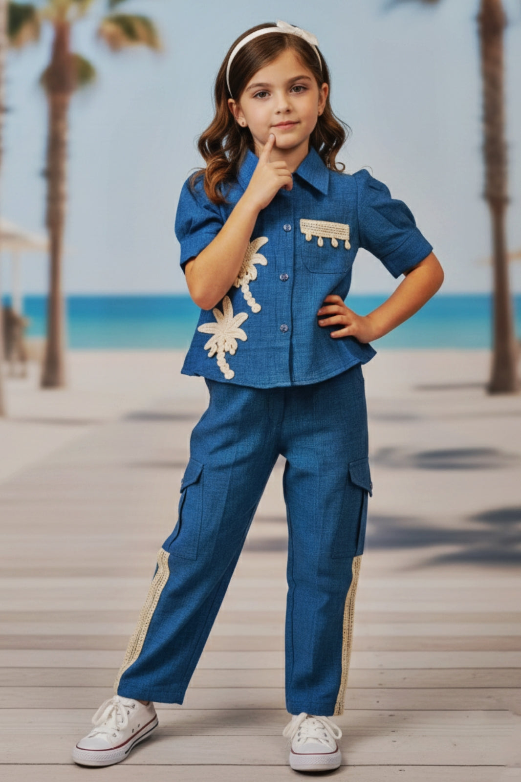 Girls Blue Utility Co-ord Set with Palm Tree Embroidery and Shell Charms