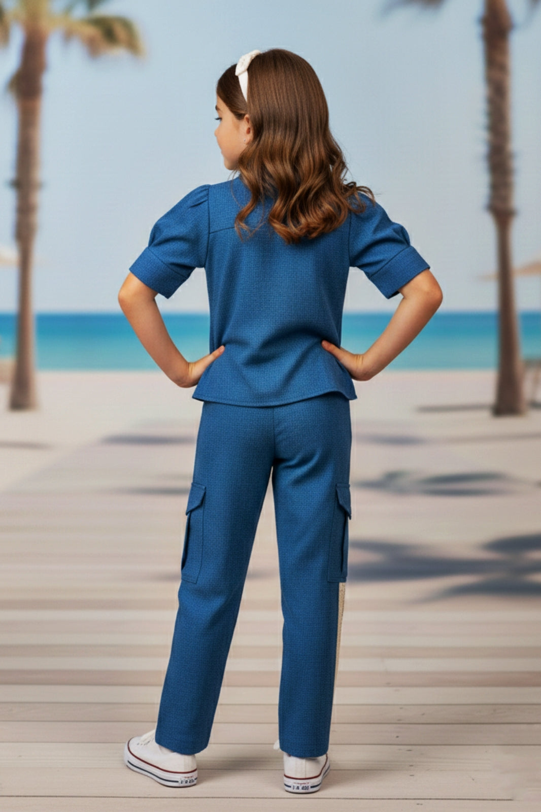 Girls Blue Utility Co-ord Set with Palm Tree Embroidery and Shell Charms