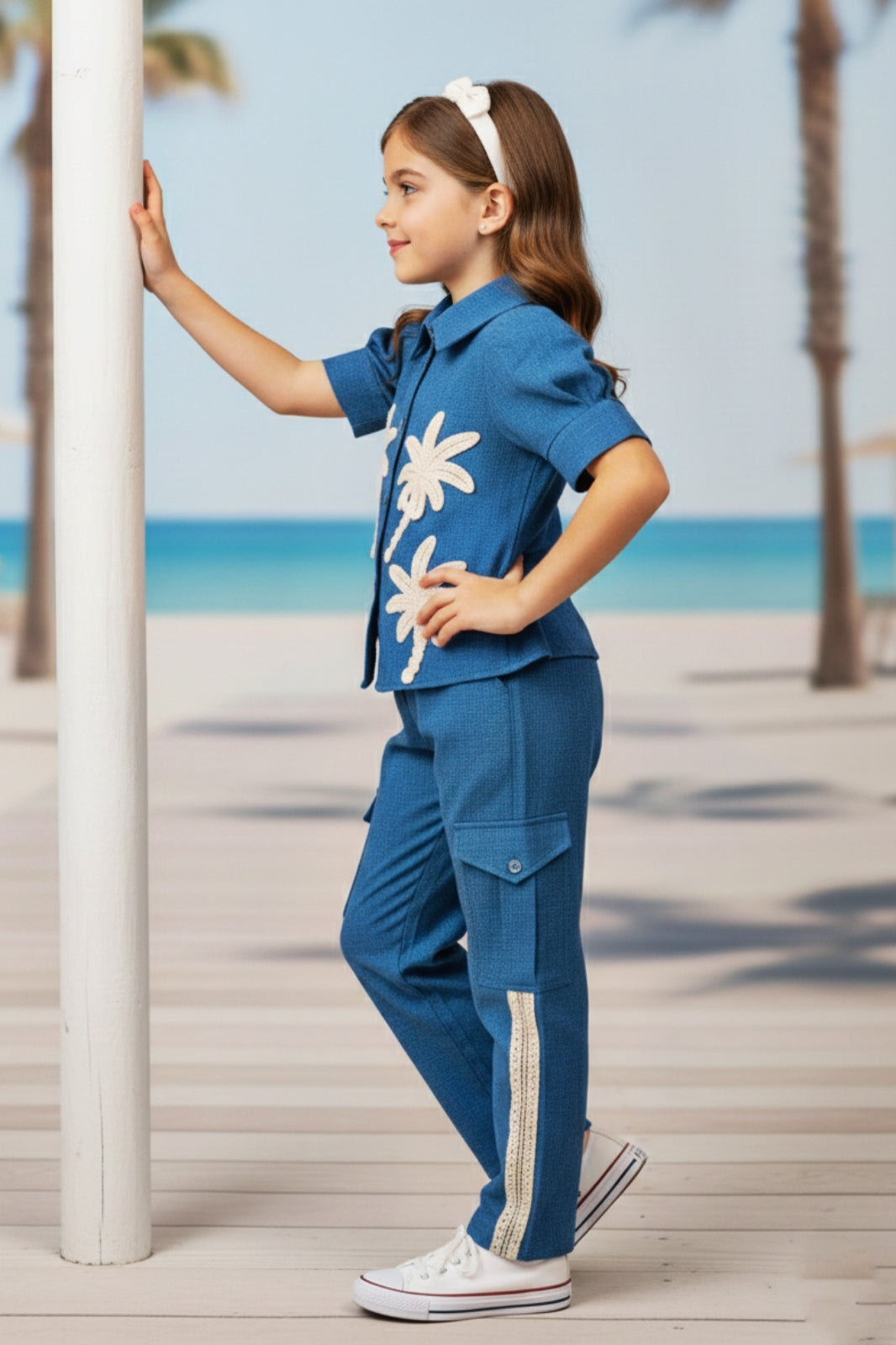 Girls Blue Utility Co-ord Set with Palm Tree Embroidery and Shell Charms