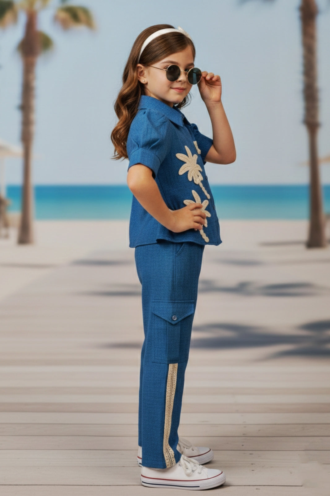 Girls Blue Utility Co-ord Set with Palm Tree Embroidery and Shell Charms
