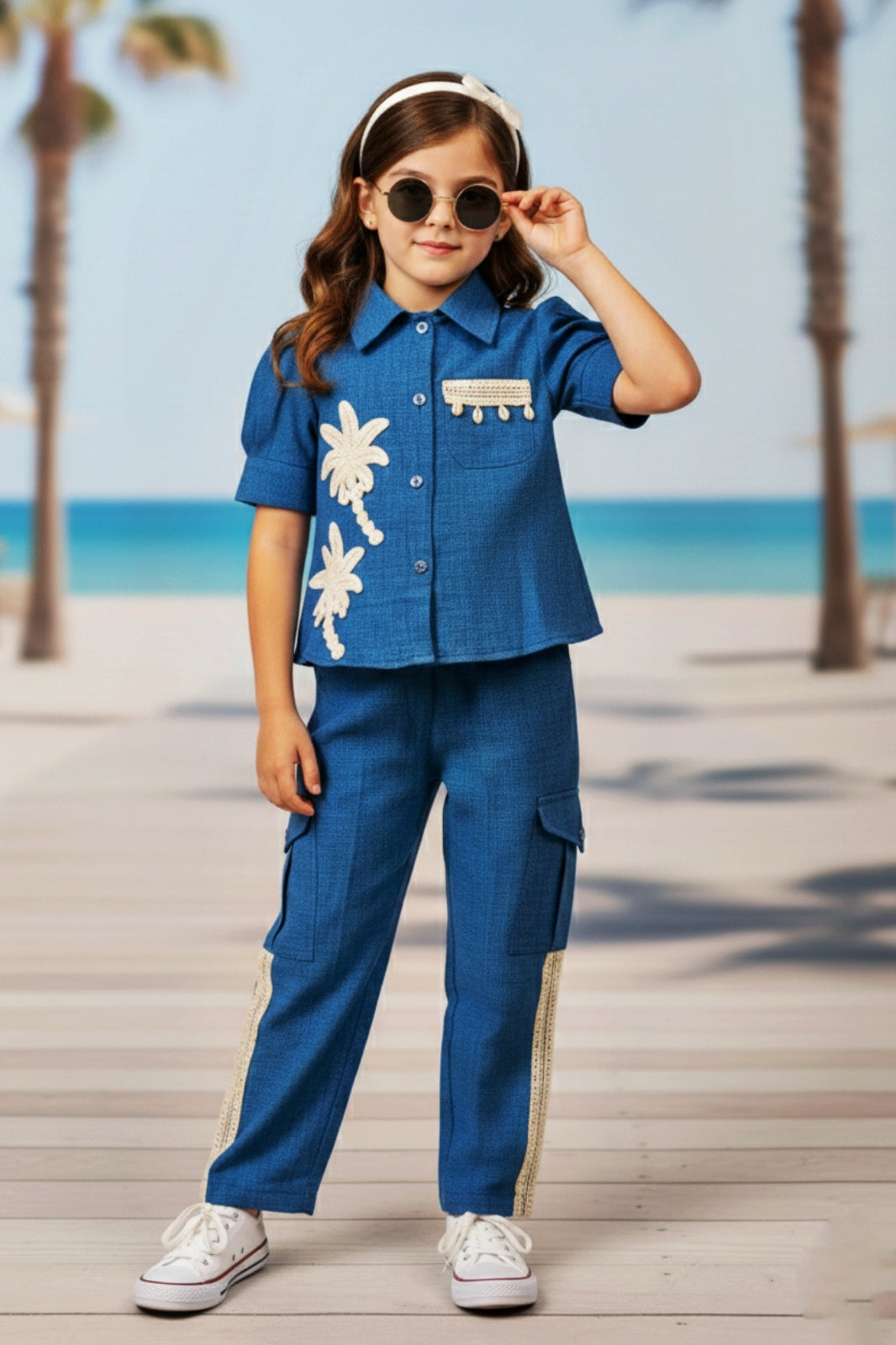 Girls Blue Utility Co-ord Set with Palm Tree Embroidery and Shell Charms